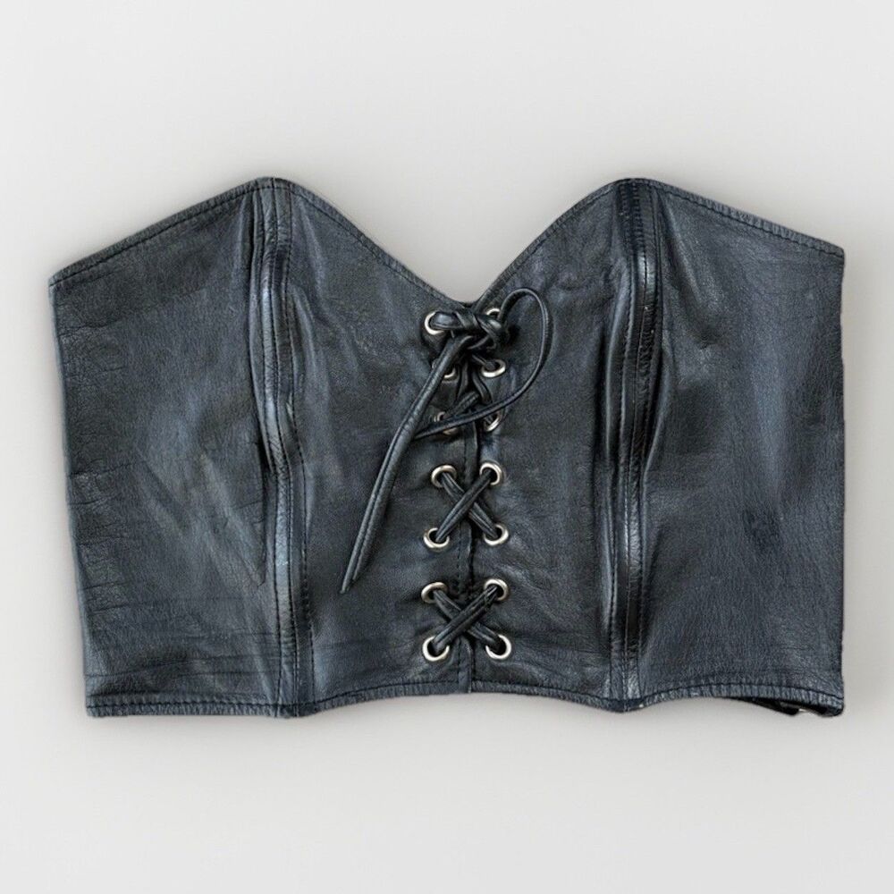 Berman’s VTG Black Leather Bustier Top Size M Zip Crop